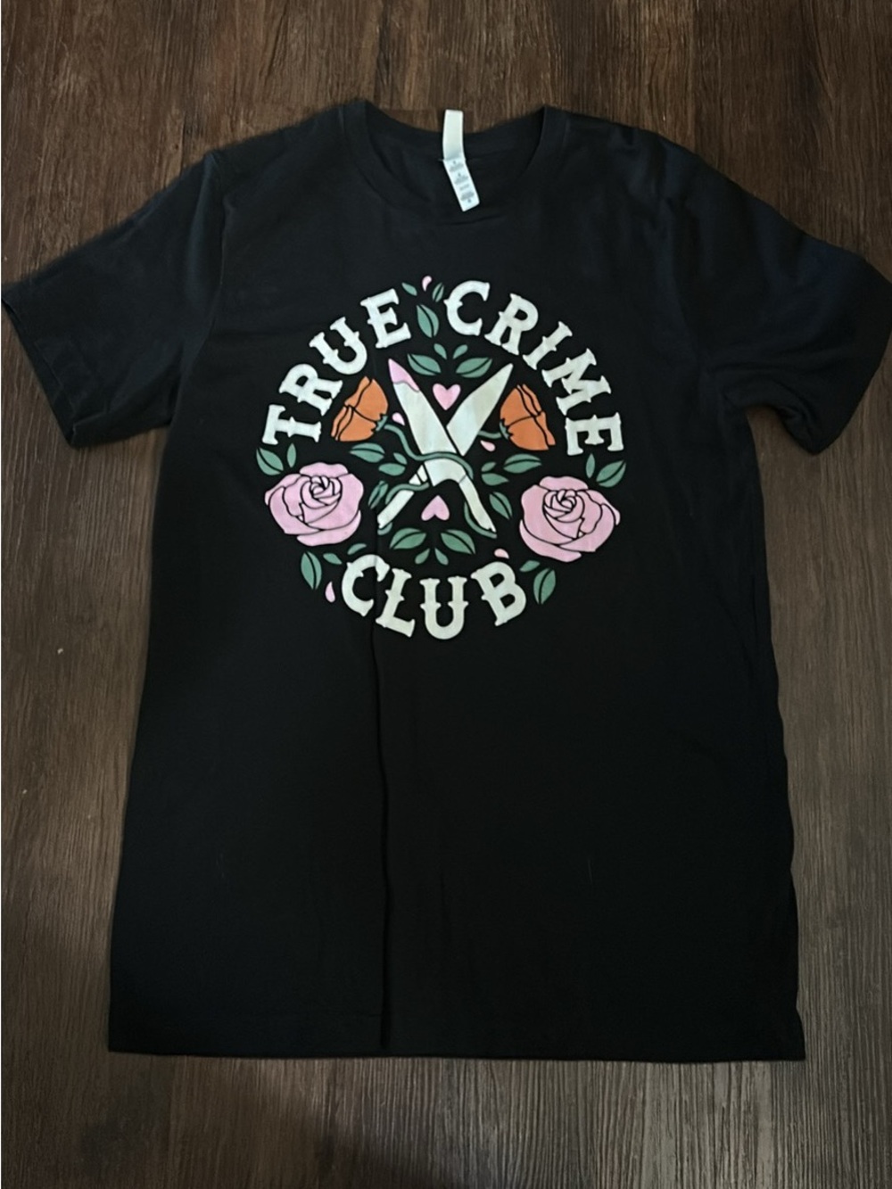 True Crime Club Graphic Tee - Black with Pink & Orange Floral Design